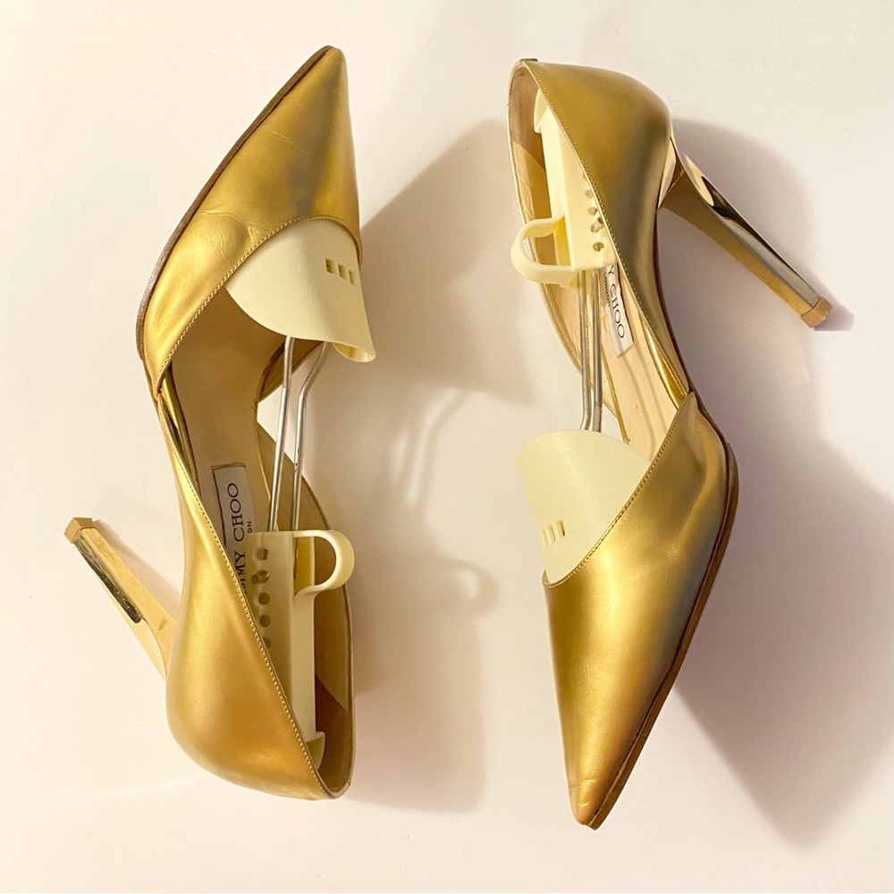 JIMMY CHOO METALLIC GOLD POINTED TOE METAL HIGH HEEL PUMPS - Picture 8 of 13